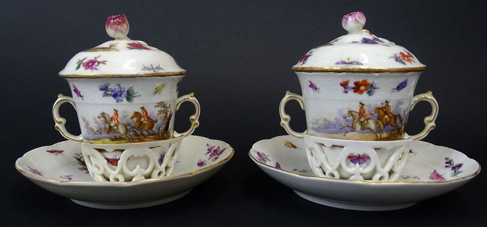 Pair 20th Century Three (3) Piece KPM Trembleuse: Pair 20th Century Three (3) Piece KPM Trembleuse Chocolate Cups. Signed with Blue KPM Mark. One with Restoration and Small Hairline to Lid or in Good Condition. Measures 5 Inches Tall. Shipping $55.00