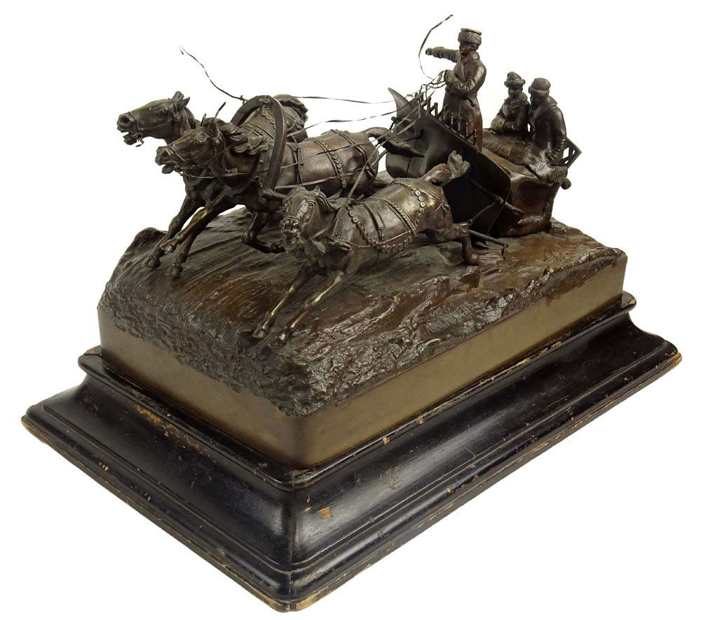 Vassili Yacovlevitch Grachev, Russian (1831-1905): Vassili Yacovlevitch Grachev, Russian (1831-1905) Bronze Sculpture "Troika" on Wood base. Signed and Woerffel Foundry mark. Minor Losses to Reins Otherwise Good Condition or Better. Measures 7-1/2 Inc