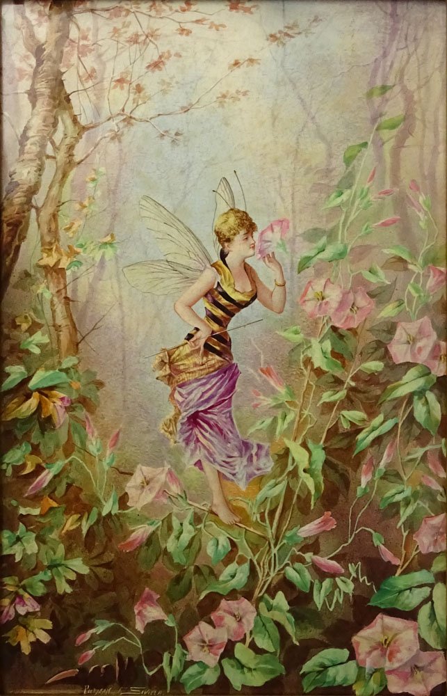 Antique Spanish Hand Painted Porcelain Plaque by: Antique Spanish Hand Painted Porcelain Plaque by Pickman of Seville, With Glazed Hand Painted Decoration of A Fairy Amongst The Honeysuckles. Ornate Gilt Gesso Frame. Signed Pickman Sevilla Lower Left