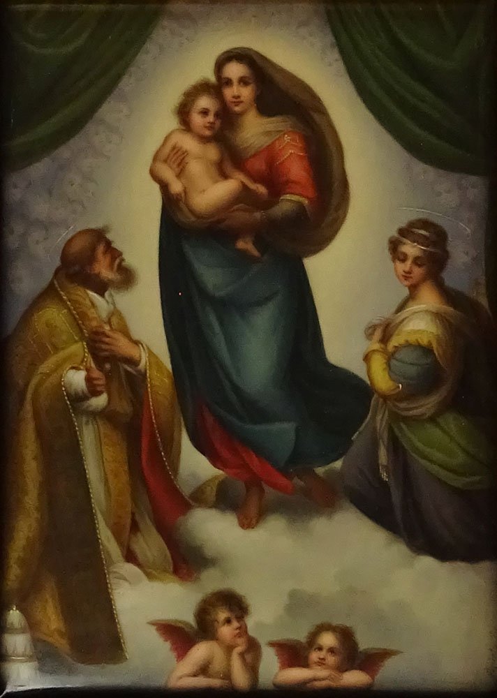 19/20th Century Hand Painted Porcelain Plaque "Madonna: 19/20th Century Hand Painted Porcelain Plaque "Madonna di San Sisto" after: Raphael. Titled en verso. Good Condition. Measures 7 Inches by 5-1/2 Inches. Frame Measures 9-3/4 Inches by 8 Inches. Shippi