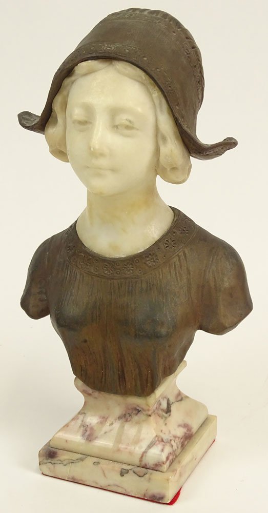 Affortunato Gory (Gori), French Carved Marble and Gilt: Affortunato Gory (Gori), French Carved Marble and Gilt Bronze Scupture, Bust of Young Woman. Signed A. Gory, Paris. Oxidation to Bronze Otherwise Good Condition. Measures 12-1/4 Inches Tall and 6-1/2 