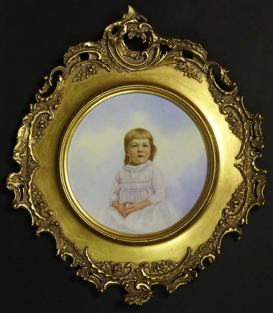 19/20th Century KPM Hand Painted Porcelain Plaque: 19/20th Century KPM Hand Painted Porcelain Plaque "Young Child" Signed with Impressed Scepter and KPM Mark en verso. Good Condition. Measures 7-1/2 Inches Diameter. Frame Measures 16 Inches by 14 Inch