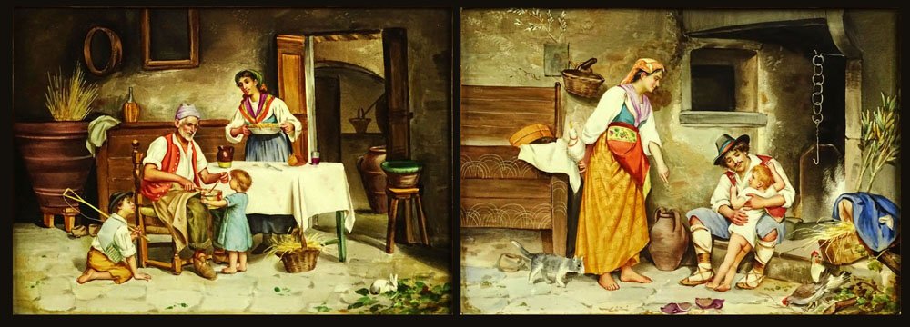 Pair of Antique Italian Hand painted Porcelain Plaque: Pair of Antique Italian Hand painted Porcelain Plaque in Carved Gilt Wood Frames. Signed and Title En Verso "Lezione di Tamburo Bianchini G. Bertrim" and "La Pentola Notta, Bianchini Bertrim" Good Con