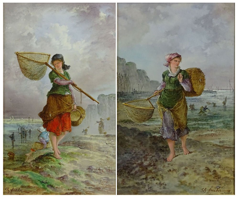 Pair of Early 20th Century Hand Painted Porcelain: Pair of Early 20th Century Hand Painted Porcelain Plaques. "The Clam Diggers" Signed Ch.Fuchs. Light scratches or in Good Condition. Measures 19-1/4 Inches by 11-1/4 (sight), Frame Measures 23 Inches 