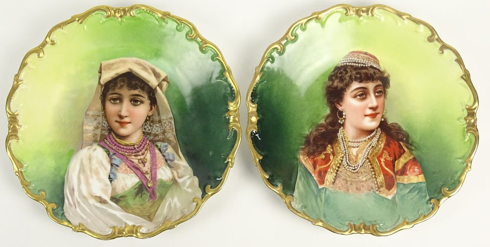 Pair of Early 20th Century Limoges Hand Painted: Pair of Early 20th Century Limoges Hand Painted Chargers "Gypsy Princesses" Signed with Limoges Back Stamps on Backs. Good Condition. Measures 13-1/4 Inches Diameter. Shipping $125.00