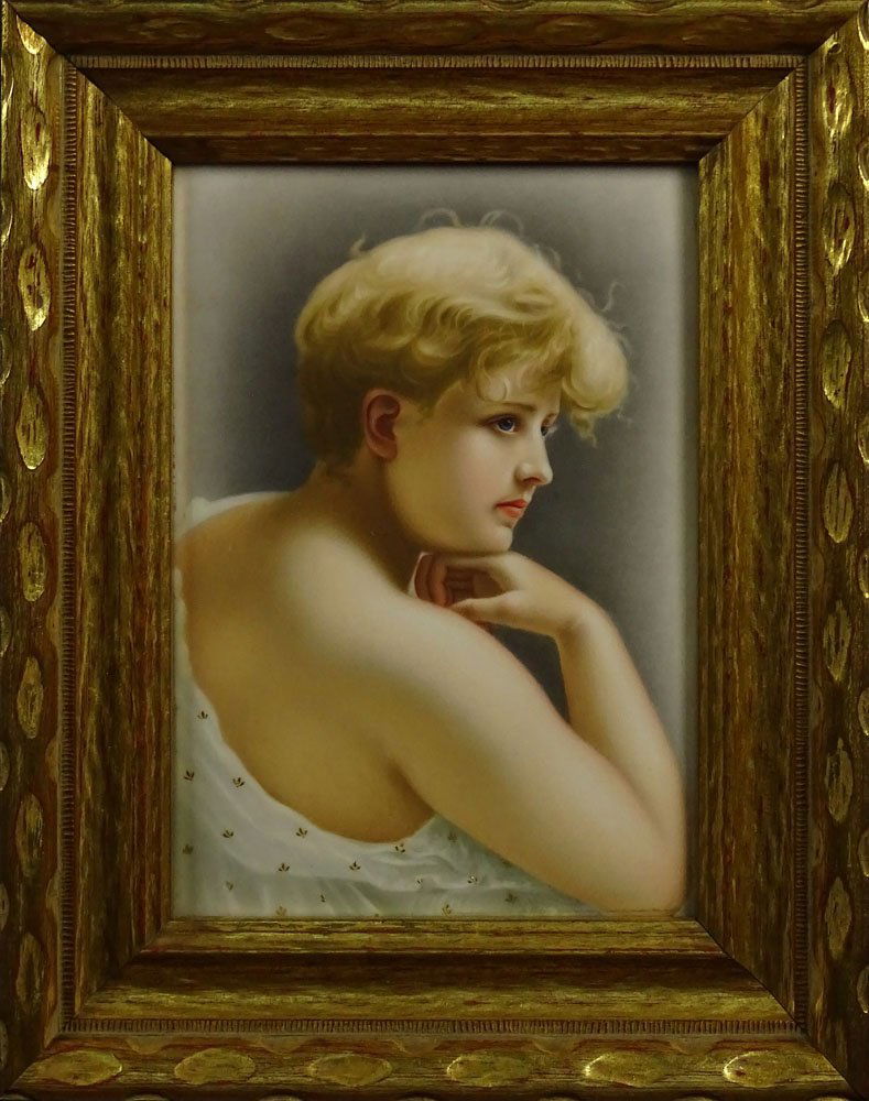 Early 20th Century Hand Painted KPM Plaque "Blonde: Early 20th Century Hand Painted KPM Plaque "Blonde Beauty" In Gilt Wood Frame. Impressed KPM Mark on Back. Good Condition. Measures 9-1/4 Inches by 6-1/2 Inches. Frame Measures 13 Inches by 10 Inches.