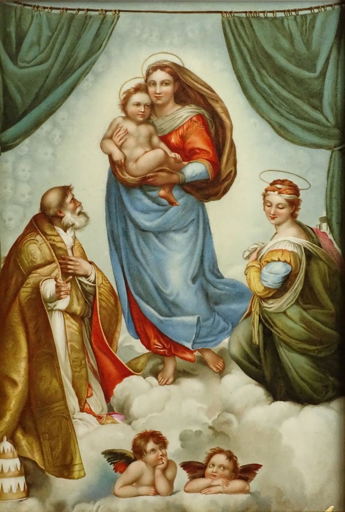 Early 20th Century Hand Painted Porcelain Plaque: Early 20th Century Hand Painted Porcelain Plaque "Madonna di San Sisto" after: Raphael. Unsigned. Good Condition. Measures 10-1/2 Inches by 7 Inches (sight). Modern Frame Measures 20 Inches by 16-1/2 