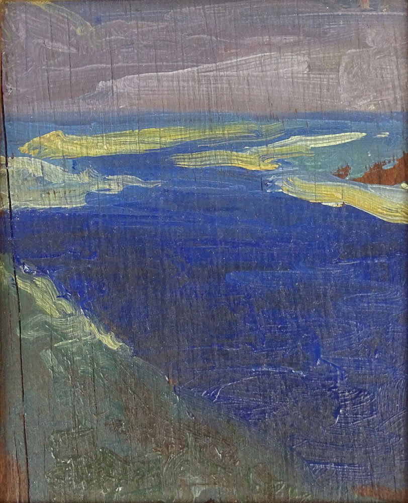 after: Jan Stanislawski, Polish (1860-1907) Oil on: after: Jan Stanislawski, Polish (1860-1907) Oil on Board "Coastal Scene" Old Label en verso. Vertical Crack in Board. Measures 6 Inches by 5 Inches. Frame Measures 9-1/2 Inches by 8-3/4 Inches. Shippi