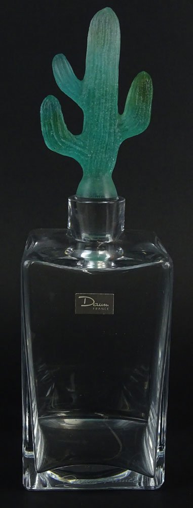 Daum France Crystal Pate de Verre Cactus Decanter.: Daum France Crystal Pate de Verre Cactus Decanter. Signed with Acid Etched Signature and Original Label. Small Chip on Stopper End or in Good Condition. Measures 12 Inches Tall. Shipping $65.00