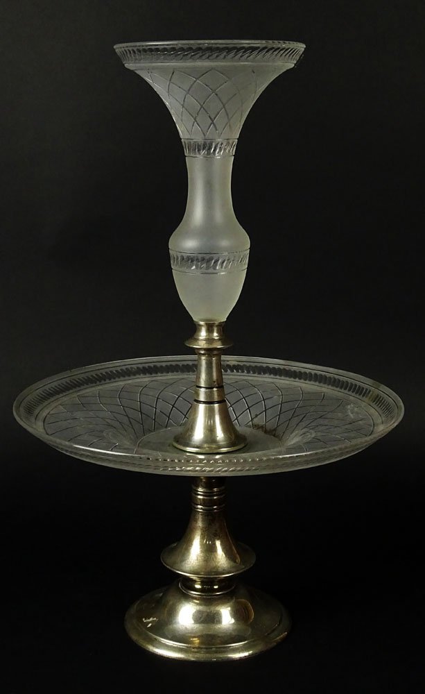 Antique 800 Silver and Frosted Glass Epergne. Marked: Antique 800 Silver and Frosted Glass Epergne. Marked 800. Minor Dent or in Good Condition. Measures 19-1/2 Inches Tall, Measures 13 Inches Diameter. Shipping $125.00
