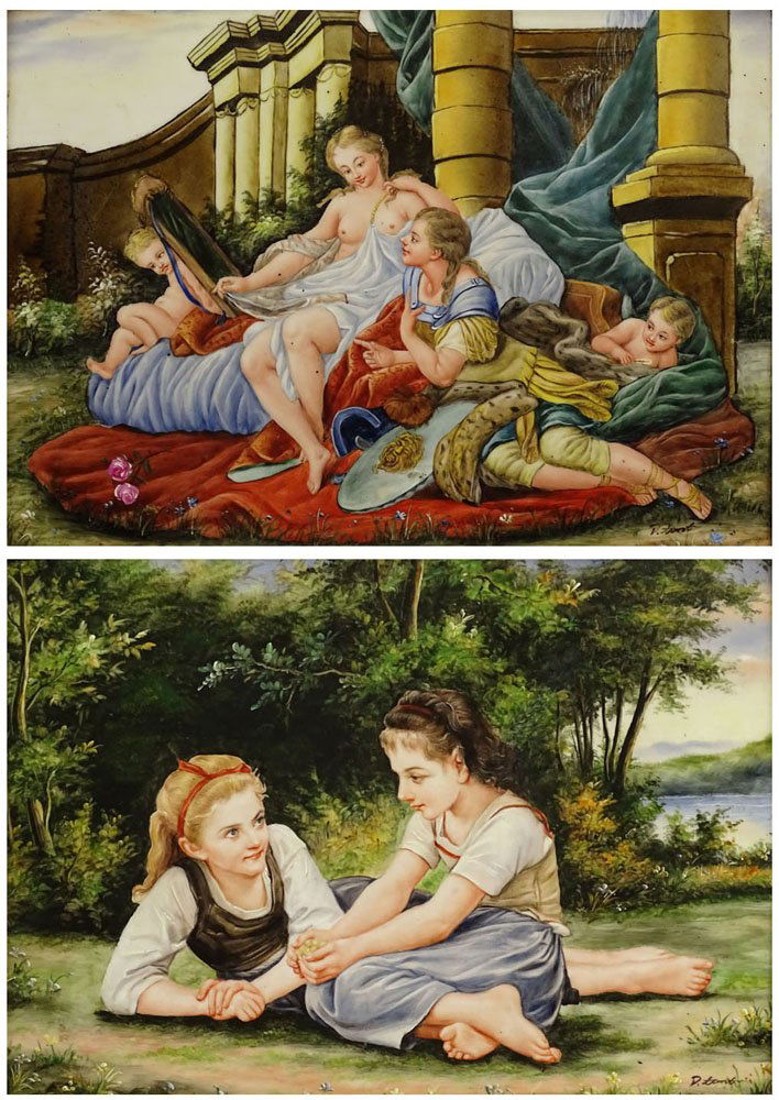 Pair 19/20th Century KPM Hand Painted Porcelain Plaques: Pair 19/20th Century KPM Hand Painted Porcelain Plaques In Cast Iron Frames. One a Neoclassical Scene with Women and Putti, The Other Depicting Two Young Girls in a landscape. Both Signed D. Tomt?, Im