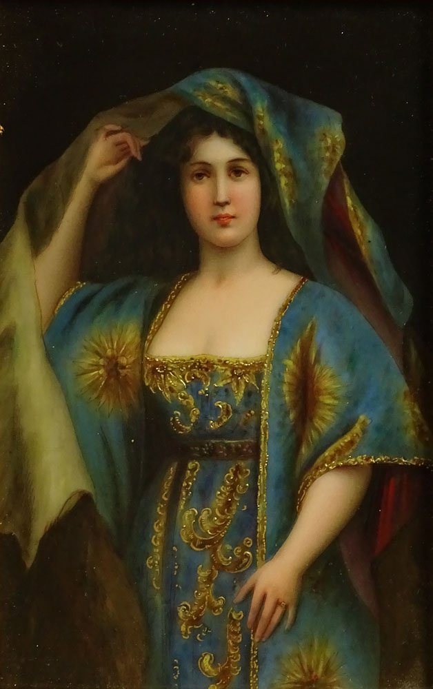19/20th Century KPM Hand Painted Porcelain Plaque "Lady: 19/20th Century KPM Hand Painted Porcelain Plaque "Lady In Blue" in Gilt Wood Frame. Titled en verso as well as Impressed Scepter an KPM Mark. Good Condition. Measures 6 Inches by 4-1/4 Inches. Frame