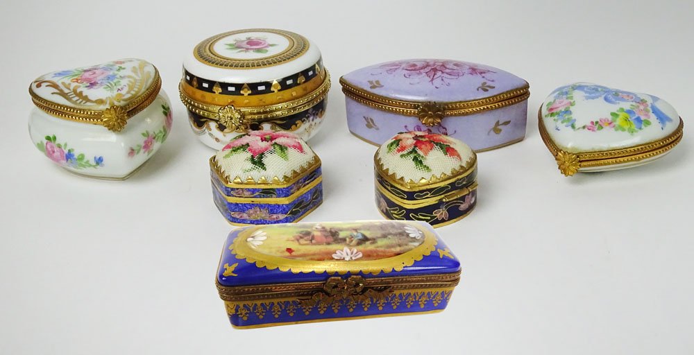 Lot of Seven (7) Limoges and Limoges Style Miniature: Lot of Seven (7) Limoges and Limoges Style Miniature Boxes. Porcelain and Enameled. Largest Measures 1-1/2 Inches by 3-3/8 Inches. Good Condition. Shipping $35.00