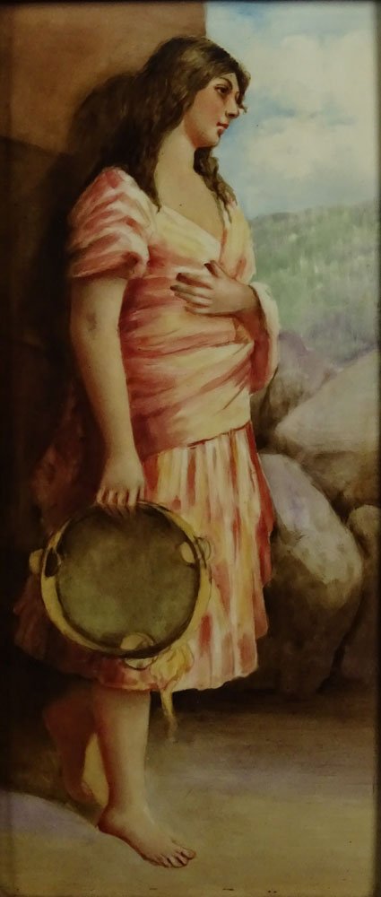 Early 20th Century Limoges Hand Painted Porcelain: Early 20th Century Limoges Hand Painted Porcelain Plaque "Girl With Tambourine" Signed with Green Back Stamp en verso. Good Condition. Measures 14 Inches by 6 Inches, Frame Measures 15-3/4 Inches by 7