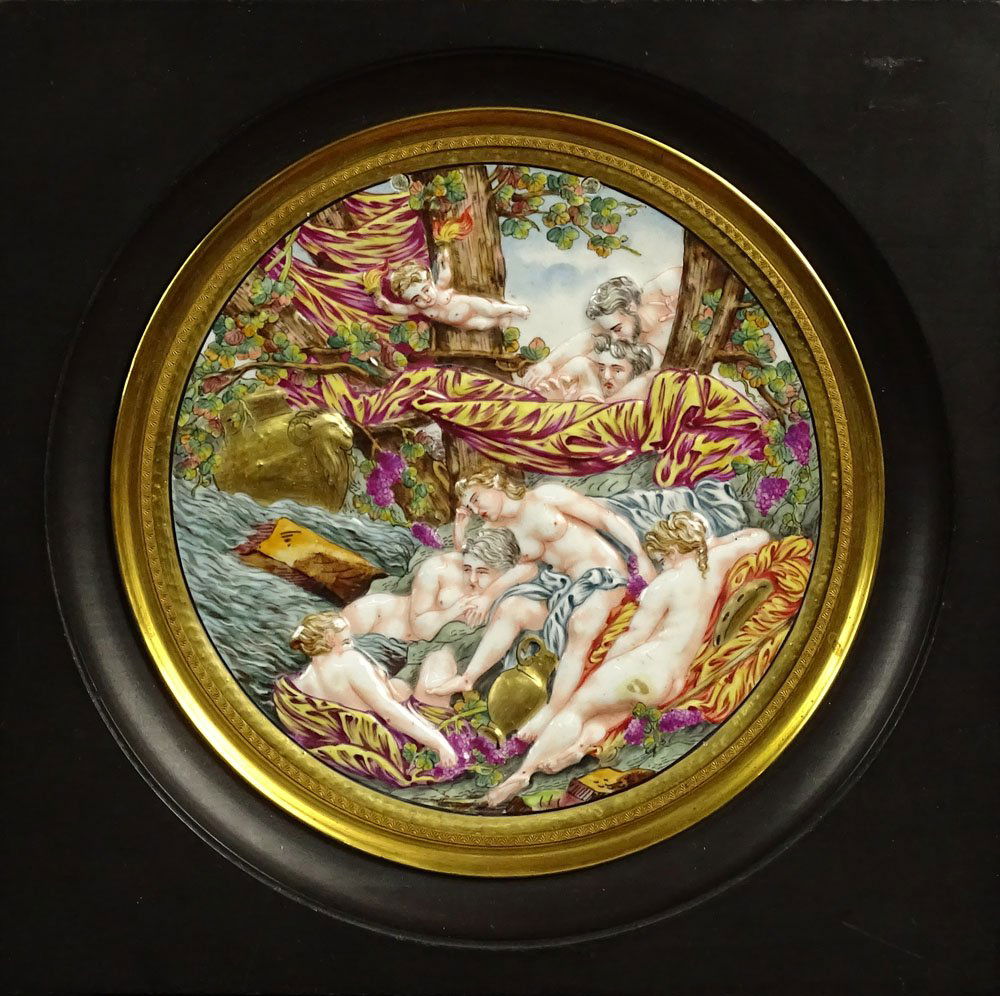Antique Capodimonte Hand Decorated Porcelain Relief: Antique Capodimonte Hand Decorated Porcelain Relief Plaque "Bacchanalia" Signed en verso with Crown over N Mark. Good Condition. Measures 6-1/4 Inches Diameter. Frame Measures 9-1/2 Inches by 9-1/2 In