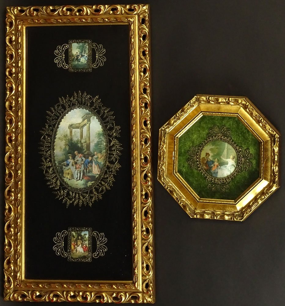 Two (2) Piece Vintage Printed Cloth "plaques" In Gilt: Two (2) Piece Vintage Printed Cloth "plaques" In Gilt Metal Frames set in Shadowbox Frames. Romantic Scenes. Unsigned. Good Condition. Largest Frame Measures 20-1/2 Inches by 10-1/2 Inches. Shipping $