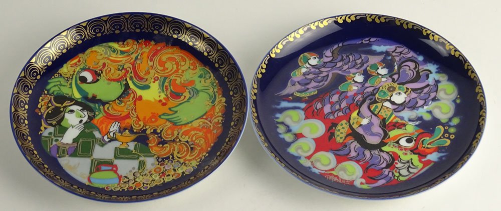 Pair of Rosenthal Studio Line Hand Painted Plates: Pair of Rosenthal Studio Line Hand Painted Plates "Aladin und die Wunderlampe" and "Sindbad der Seefahrer" Signed Bjorn Winblad. Titled En Verso. Good Condition. Measures 6-1/2 Inches Diameter. Shippi