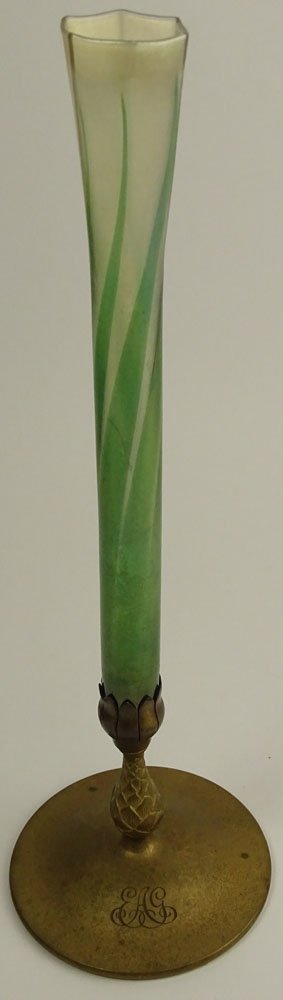 Antique Tiffany Favrile Glass Vase in Bronze Pinecone: Antique Tiffany Favrile Glass Vase in Bronze Pinecone Holder. The Glass Ribbed with Pulled Feather Motif. Vase Signed L.C.T. The Base Signed Tiffany Studios New York 1048. Monogrammed on Base EAG. Sma