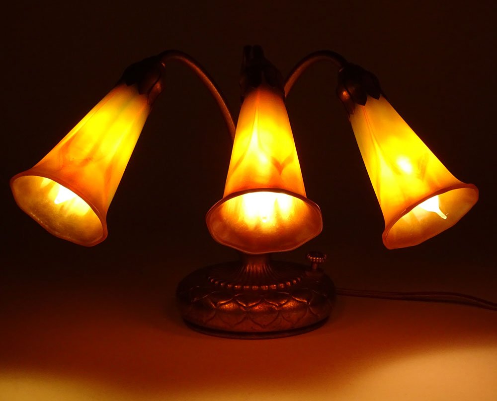 Antique Tiffany Studios Gilt Bronze Three Light Piano: Antique Tiffany Studios Gilt Bronze Three Light Piano Lamp with Tiffany Style Modern "Pulled Feather" Glass Shades. Base is Signed Tiffany Studios New York, 320. The Shades are Unsigned. Good Conditio