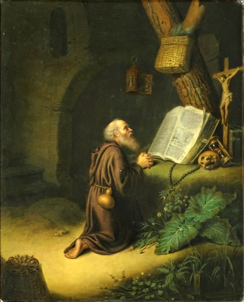 19th Century KPM Hand Painted Porcelain Plaque "Saint: 19th Century KPM Hand Painted Porcelain Plaque "Saint Jerome in Prayer". Incised Scepter mark. Good Condition or Better. Measures 12-1/2 Inches by 10 Inches. Frame Measures 14-1/4 Inches by 12 Inches.