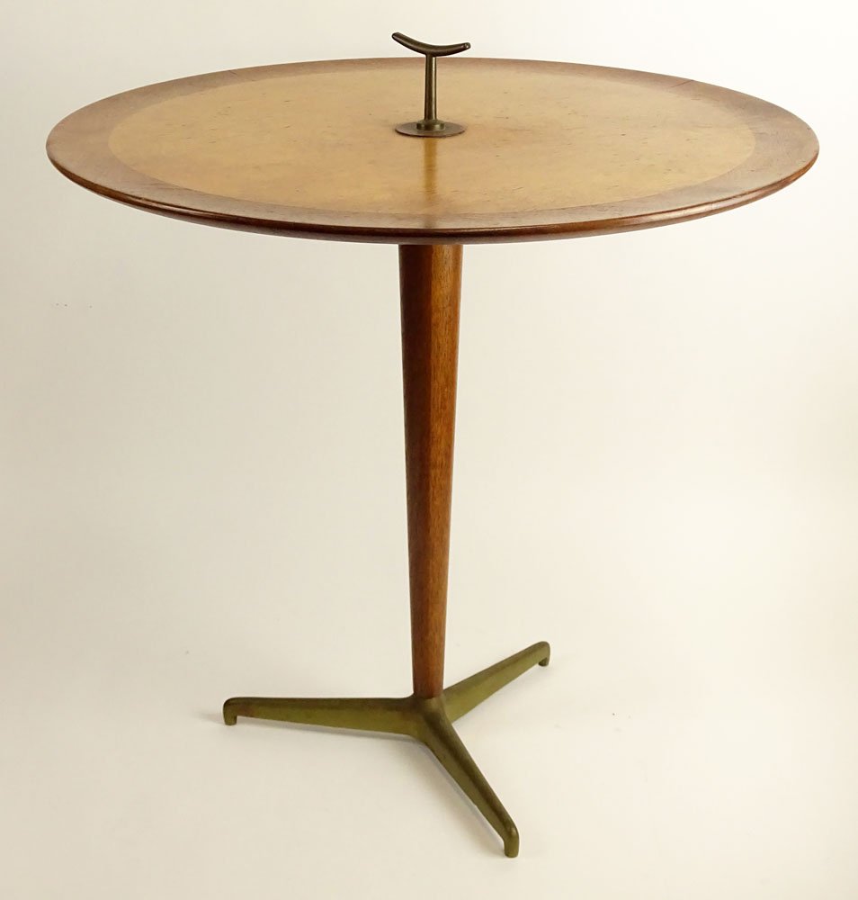 1950's Dunbar Walnut With Birch Burl Panel Snack Table: 1950's Dunbar Walnut With Birch Burl Panel Snack Table #4856. Brass Handle and Pedestal Base on Brass Legs. Wear and Rubbing or in Good Condition. Vintage Chinese Carved Hardwood Urn Stand. Inset Marb