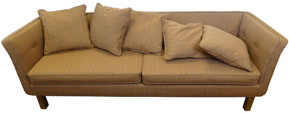 1950's Ed Wormley/Dunbar Sofa #656. Buttoned: 1950's Ed Wormley/Dunbar Sofa #656. Buttoned Upholstery, Pickled Mahogany Legs. Five (5) Matching Cushions. Good Condition. Measures 88 Inches Length, 31 Inches Depth, 30 Inches Height. We will not sh