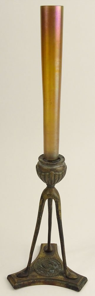 Antique Tiffany Studios Bronze First Panel Sheriff's: Antique Tiffany Studios Bronze First Panel Sheriff's Jury Presentation Single-Candlestick Circa 1903/1906, With Tiffany Favrile Iridescent Glass Stick Vase. Signed Tiffany Studios New York. Glass Sign