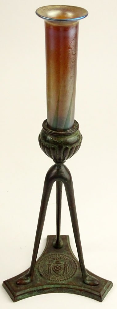 Antique Tiffany Studios Bronze First Panel Sheriff's: Antique Tiffany Studios Bronze First Panel Sheriff's Jury Presentation Single-Candlestick Circa 1903/1906, With Tiffany? Favrile Iridescent Glass Stick Vase. Signed Tiffany Studios New York. Glass Sig