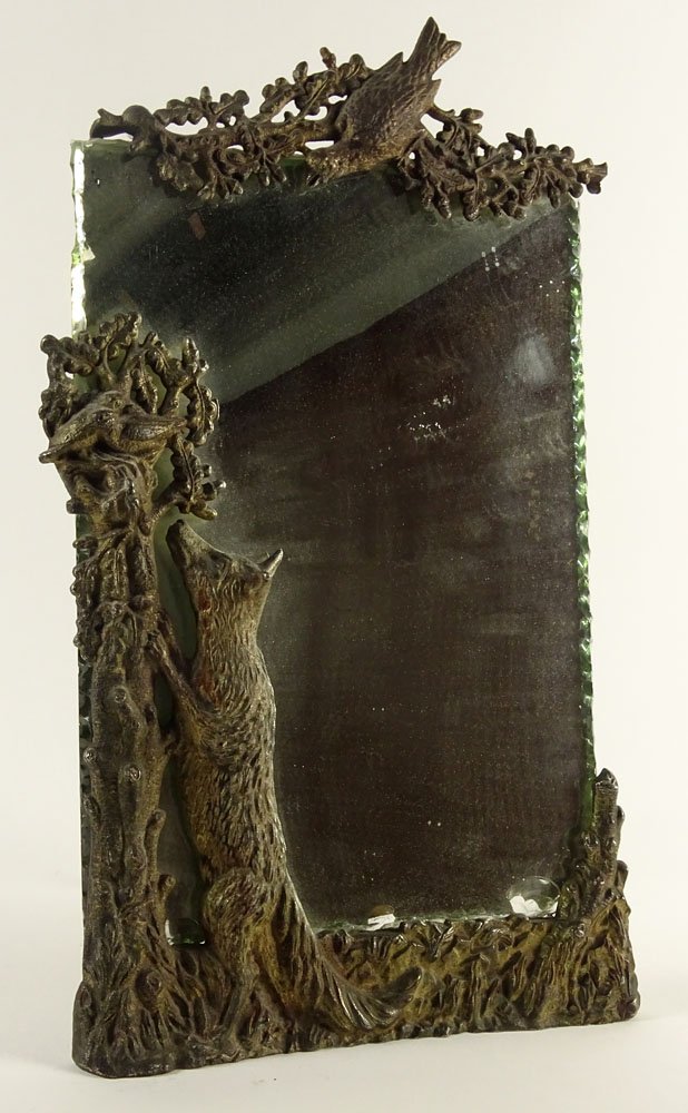 Antique Cast Bronze Figural Mirror "Aesop's Fable": Antique Cast Bronze Figural Mirror "Aesop's Fable" Antique Condition. Losses to Mirror. Unsigned. Measures 18 Inches Tall by 10-1/2 Inches. Shipping $85.00