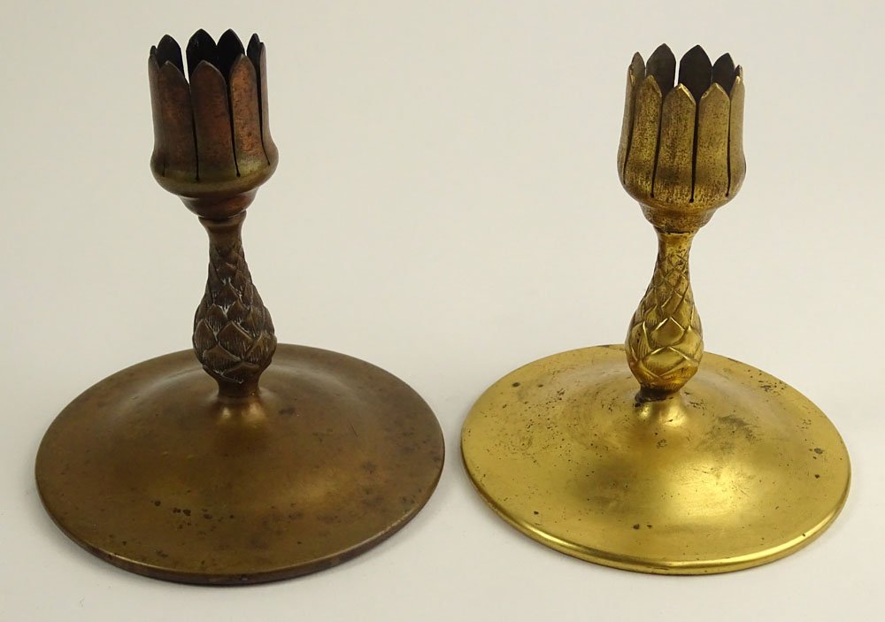 Lot of Two (2) Antique Tiffany Studios Bronze: Lot of Two (2) Antique Tiffany Studios Bronze "Pinecone" Stem Vase Bases. One in Gilt Bronze, One with Original Brown Patina. Signed Tiffany Studios New York. Measures 5-1/2 Inches Tall. Shipping $58.