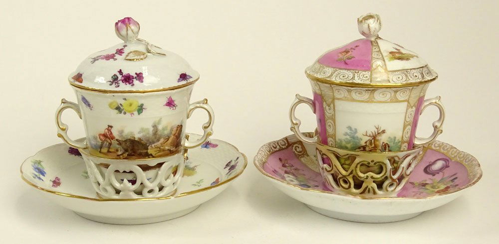 Lot Two (2) 20th Century KPM Three (3) Piece Hand: Lot Two (2) 20th Century KPM Three (3) Piece Hand Painted Trembleuse Chocolate Cups. Signed with Scepter Mark. Minor Chips on Finials, One With Restoration to Lid and Saucer. Measures 5 Inches Tall. S