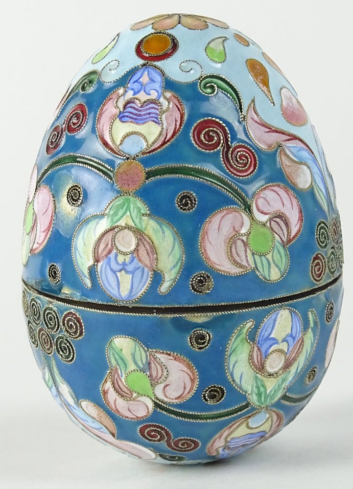 20th Century Russian ChamplevÃ© Enamel Silver Egg Box.: 20th Century Russian ChamplevÃ© Enamel Silver Egg Box. Signed 84 and Maker's Mark PO. Good Condition or Better. Measures 2-3/4 Inches Tall and 2 Inches Wide. Shipping $32.00