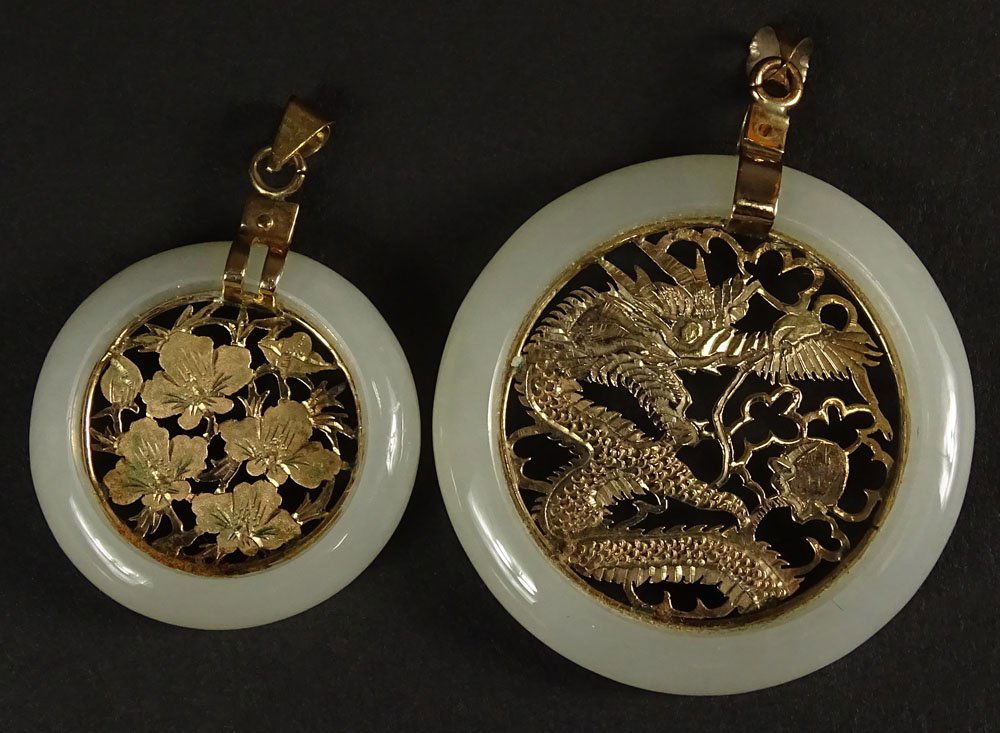 Two Vintage White Jade and 10 Karat White Gold: Two Vintage White Jade and 10 Karat White Gold Pendants. Signed 10K. Good Condition or Better. Larger Measures 1-5/8 Inches Diameter. Shipping $34.00