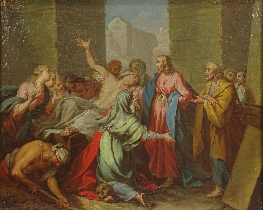 circle of: Jean-Baptiste Jouvenet, French (1644-1717): circle of: Jean-Baptiste Jouvenet, French (1644-1717) Oil on Canvas. "RÃ©surrection du Fils de la Veuve de NaÃ¯m" Unsigned. Paper Exhibition Label Upper Left Corner. Exhibition Label En Verso. Goo