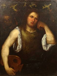 Follower of Paris Bordone, Italian (1500-1571) Oil on: Follower of Paris Bordone, Italian (1500-1571) Oil on Canvas, Orpheus. Unsigned. Conserved Condition, In-painting. Measures 38 Inches Tall and 28-3/4 Inches Wide, Frame Measures 46 Inches Tall and 36-