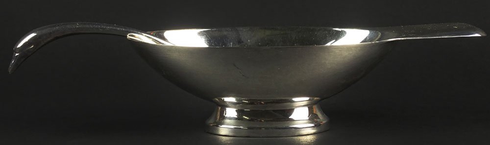 Christofle Silver Plate Art Deco Inspired "Swan" Sauce: Christofle Silver Plate Art Deco Inspired "Swan" Sauce Boat and Ladle. Signed Christofle France. Minor Pitting on Both Pieces or in Good Condition. Measures 2-1/4 Tall. Shipping $55.00