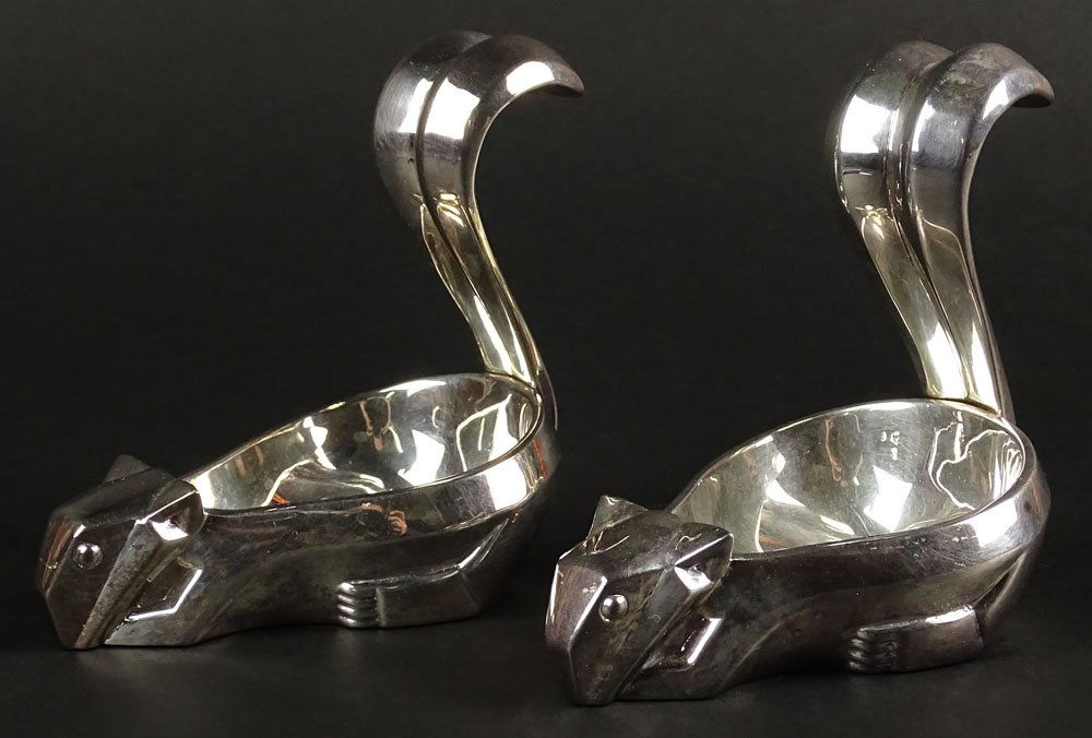 Pair Christofle Art Deco Style Squirrel Nut Dishes.: Pair Christofle Art Deco Style Squirrel Nut Dishes. Signed Christofle. Minor Pitting on one or in Good Condition. Measures 4 Inches Long, 2-1/2 Inches Wide and 3-3/4 Inches Tall. Shipping $45.00
