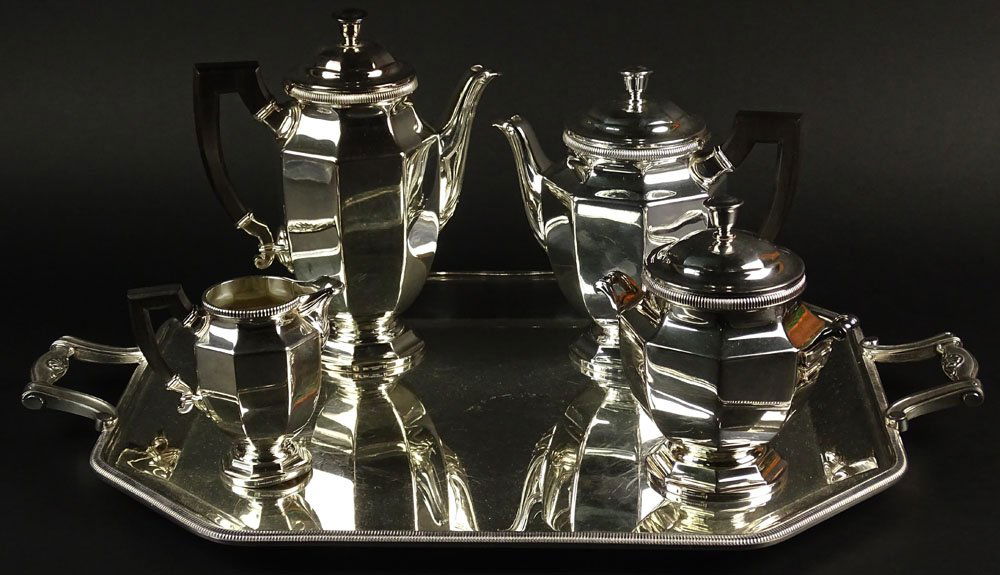 Christofle Five (5) Piece Silver Plate Coffee Service.: Christofle Five (5) Piece Silver Plate Coffee Service. Ebonized Wood Handles. This Lot Includes, Coffee pot, Tea Pot, Covered Sugar Bowl, Cream Pitcher and Tray. All Signed Christofle France. Light Su