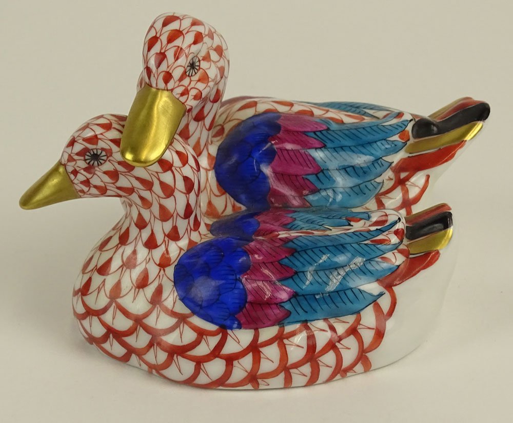 Herend Vintage Porcelain Duck Pair Waterfowl. Rust: Herend Vintage Porcelain Duck Pair Waterfowl. Rust Fishnet with Gold Accent and Multicolor Wings and Tail. Very Good Condition. Signed in Blue Herend Hungary Hand painted 80 in Rust Under Glaze. Impre