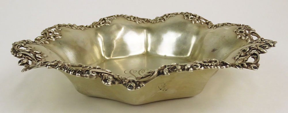 Sterling Silver Theodore B. Starr Reticulated Scalloped: Sterling Silver Theodore B. Starr Reticulated Scalloped Bowl, Accented with Roses and Swirls in Relief. Initialed EJL. Marked Sterling 1596, Theodore B Starr New York. Very Good Condition. Measures 9 