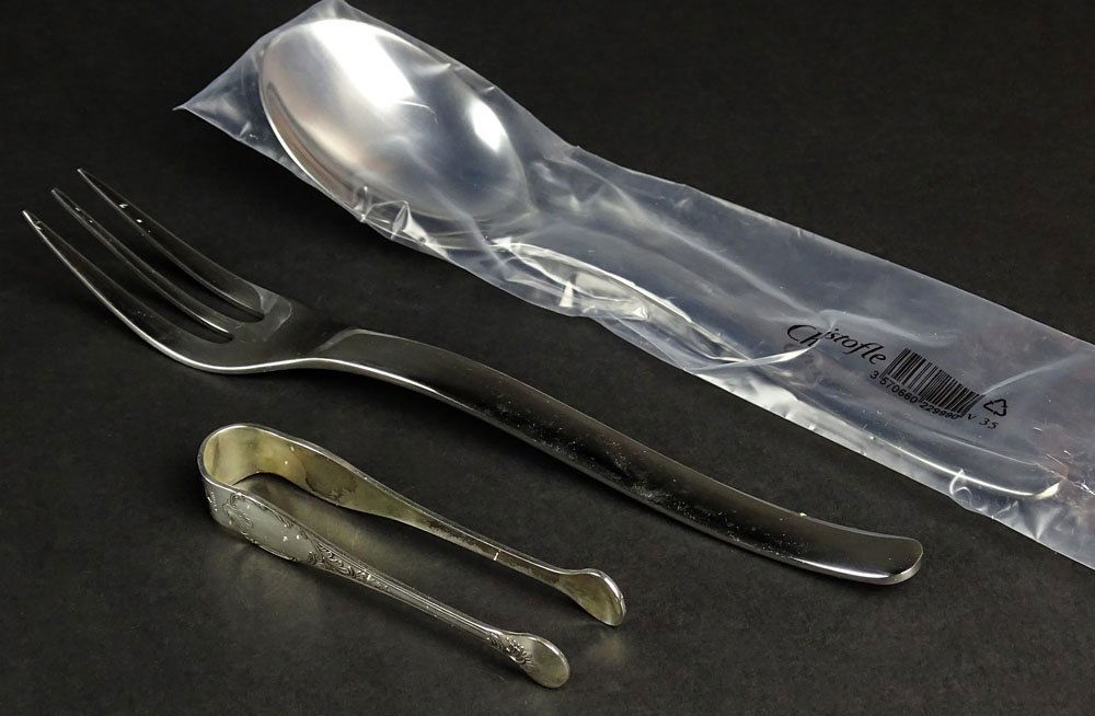 Christofle Stainless Steel "Acier" Two (2) Piece Salad: Christofle Stainless Steel "Acier" Two (2) Piece Salad Serving Set. Also a Christofle Stainless Silver Plate "Marly" Sugar Tong. All Signed Christofle. Original Box. Good As New Condition. Measures 10