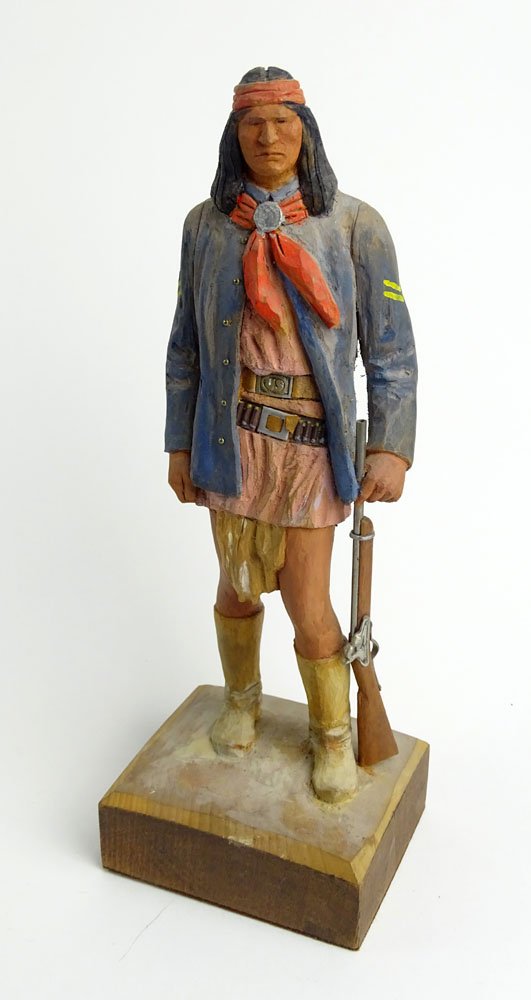 Clement H. Donshea, American (1891-1970) Original: Clement H. Donshea, American (1891-1970) Original Single Wood Carving Figure "Apache Scout- Corporal - US Army 1885 - Carbine," Signed and inscribed 'Original Wood Carving by Clement H. Donshea' (on t
