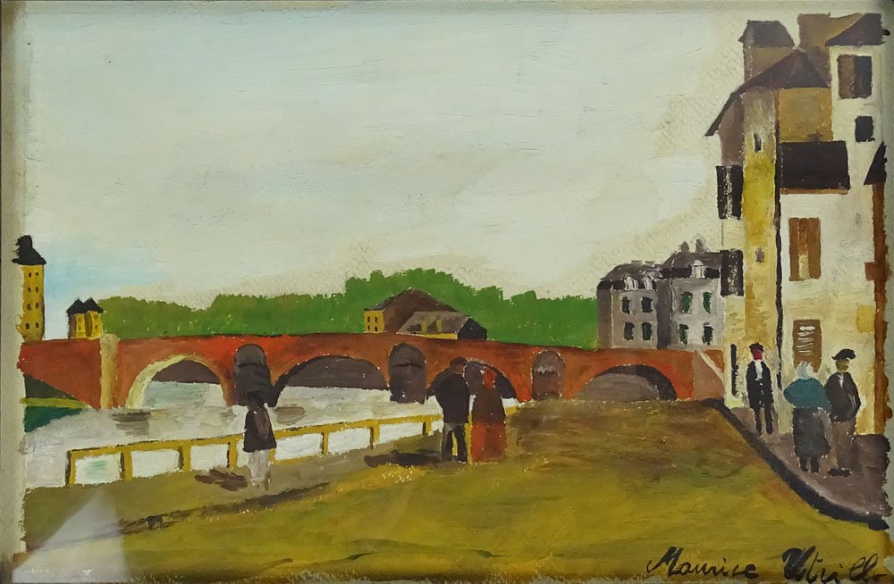 after: Maurice Utrillo, French (1883-1955) Gouache on: after: Maurice Utrillo, French (1883-1955) Gouache on Paper. "Along The Siene" Signed Lower Right. Good Condition. Measures 8-3/8 Inches by 12-3/8 Inches. Frame Measures 10-1/4 Inches by 14-1/2 Inches