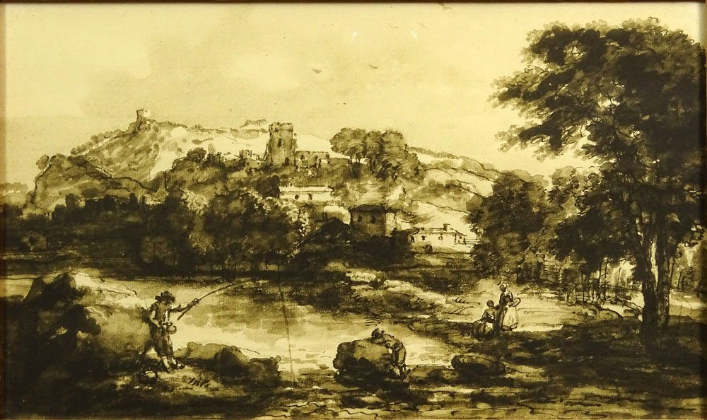 after: Francesco Zuccarelli, Italian (1702 - 1788): after: Francesco Zuccarelli, Italian (1702 - 1788) Vintage Watercolor "Italian Pastoral Landscape" Unsigned. Label En Verso Interiors, Inc. Bridgeport, Conn. No. S62-525. Pastorale by Zuccharelli. Ton