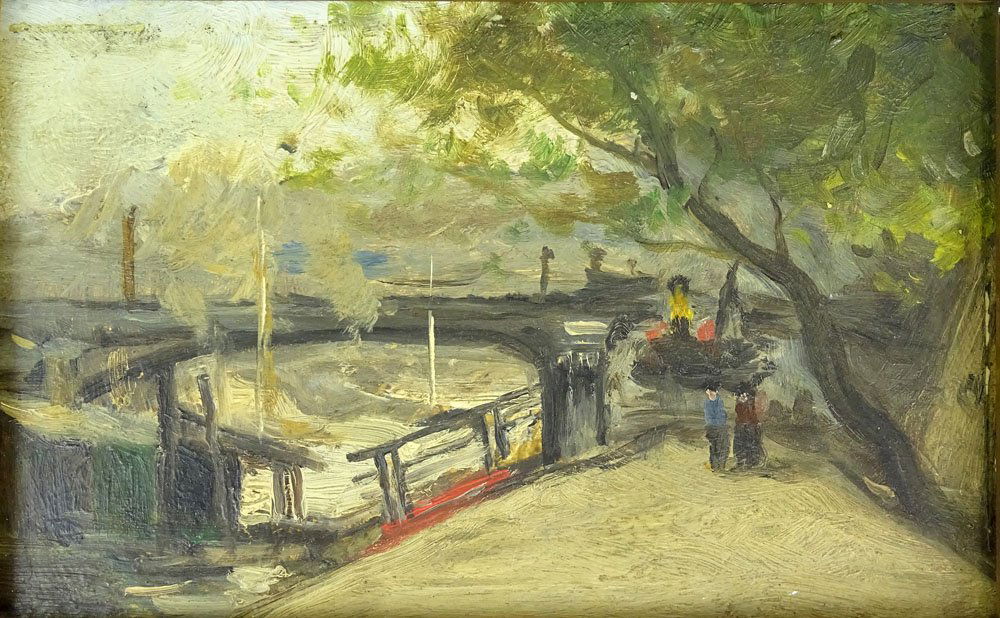 after: William Glackens, American (1870-1938) Oil on: after: William Glackens, American (1870-1938) Oil on Cardboard, Landscape with Bridge. Unsigned. Good Condition. Measures 4-1/8 Inches Tall and 6-1/8 Inches Wide, Frame Measures 7-1/2 Inches Tall and