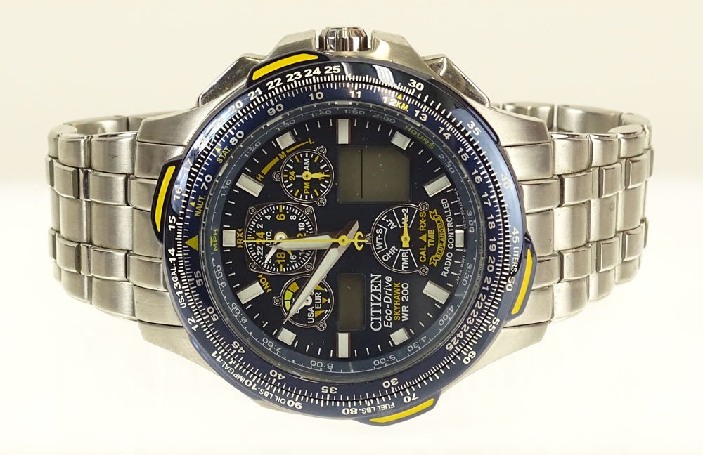 Men's Citizen Blue Angels Skyhawk A-T Stainless Steel: Men's Citizen Blue Angels Skyhawk A-T Stainless Steel Eco-Drive Quartz Watch. Surface Scratches to Bracelet. Not Running, Needs a new battery. The Gallery does Not warranty the running condition of wa