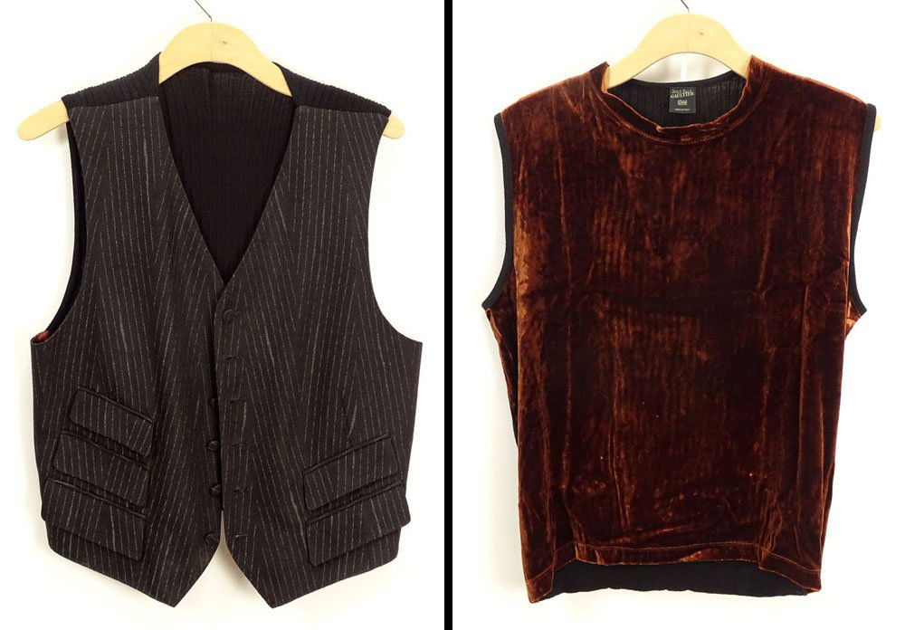 Men's Vintage Jean Paul Gaultier Homme Vest and Jean: Men's Vintage Jean Paul Gaultier Homme Vest and Jean Paul Gaultier Homme Pull Over Velvet Sweater Vest. Made in Italy. Fabric Content, Vest: 100% Wool Front, Wool and Acrylic Back; Pullover Vest, Poly