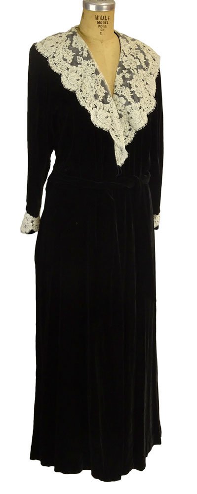 From a Palm Beach Socialite, A Christian Dior Lace: From a Palm Beach Socialite, A Christian Dior Lace Collared Black Velvet Robe. Lined. Labeled: Christian Dior Le Connoisseur. Size Petite. Good Condition. Measures 56 Inches Length. Shipping $65.00