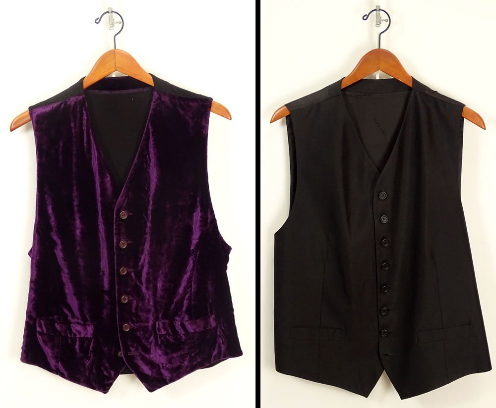 Two (2) Men's Vintage Dolce and Gabbana Vests. Fabric: Two (2) Men's Vintage Dolce and Gabbana Vests. Fabric Content Black: 100% Silk, Purple Velvet: Viscose and Cupro. Size 54. Good Condition. Shipping $38.00