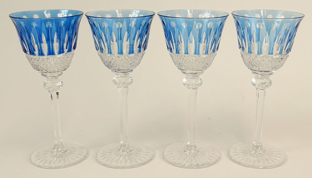 Four (4) Saint Louis France Crystal Blue Cut to Clear: Four (4) Saint Louis France Crystal Blue Cut to Clear "Tommy" Hock White Wine Glasses. Signed with Acid Etched St Louis mark. Very Good Condition. Measures 7-3/4 Inches Tall. Shipping $95.00